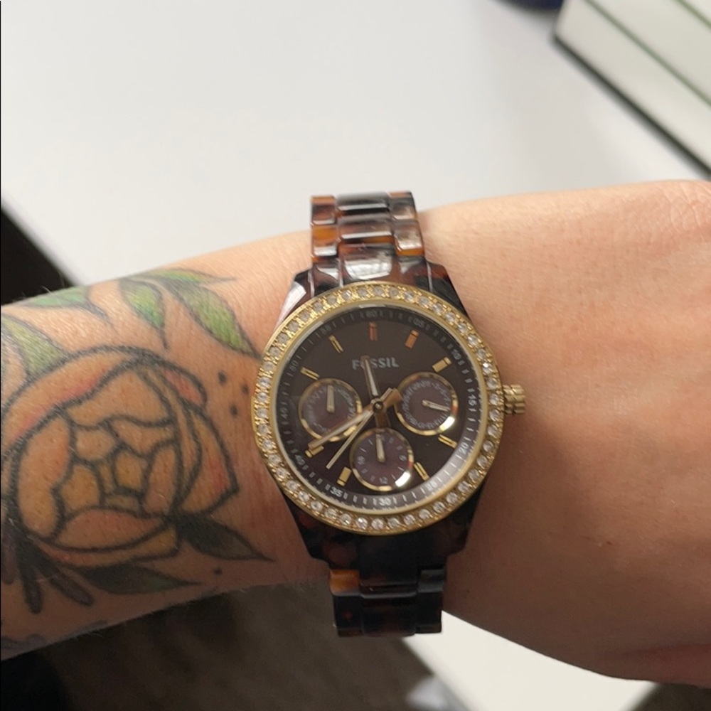 Fossil tortoise shell watch with gold accents
